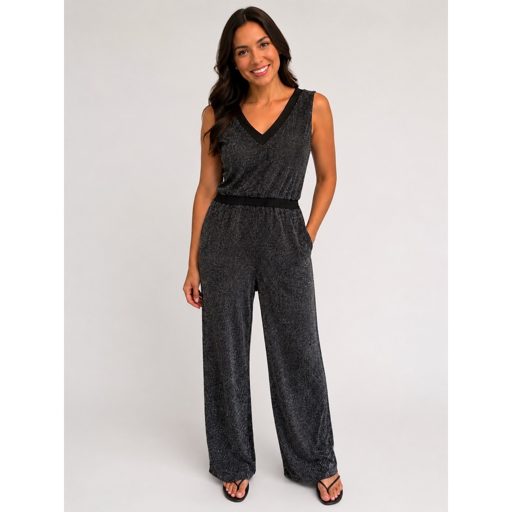 Cupio Womens XL Metallic Glitter V-Neck Wide‎ Leg Jumpsuit Black Silver